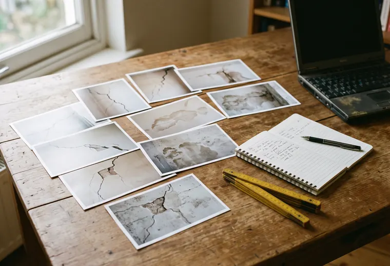 Schreibtisch mit ausgedruckten Schadensfotos, Zollstock und Notizbuch zur Auswertung