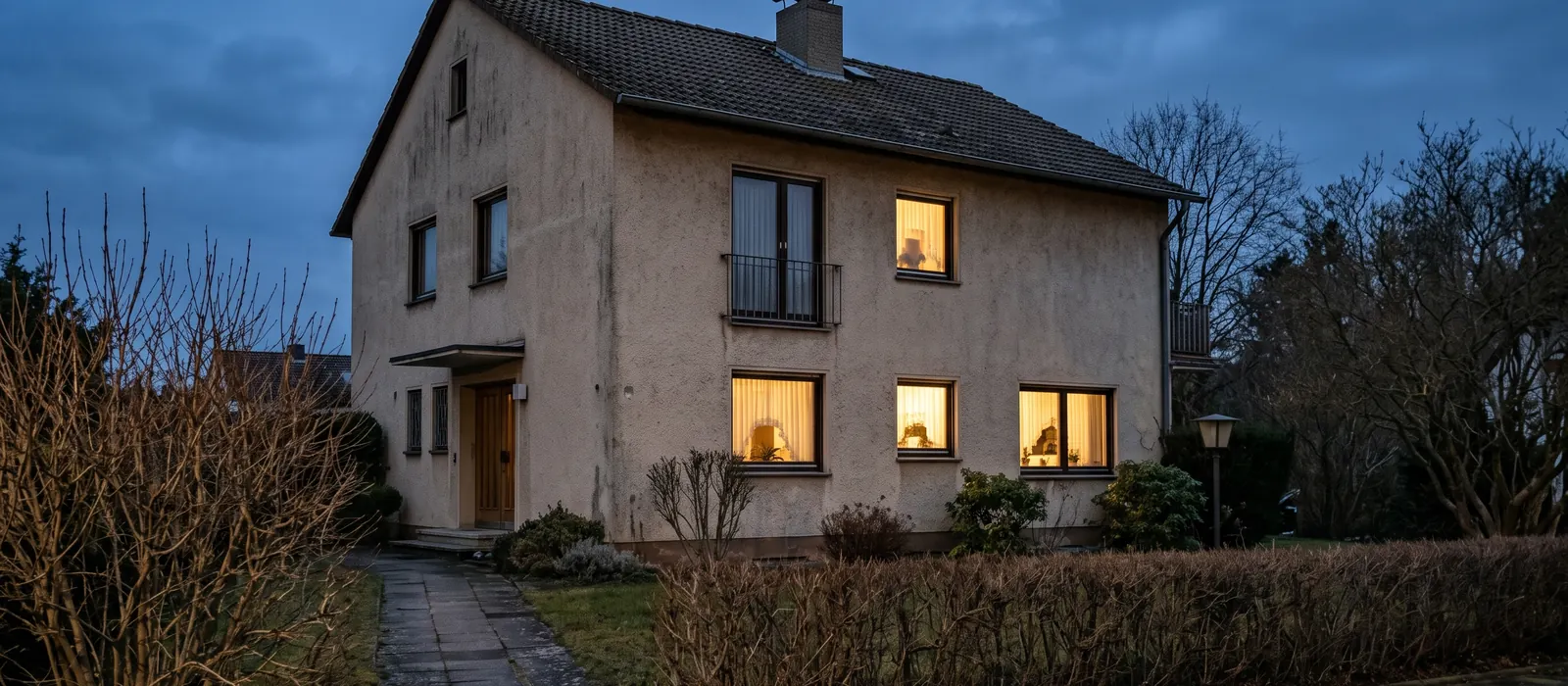 Wohnhaus in der Dämmerung mit beleuchteten Fenstern