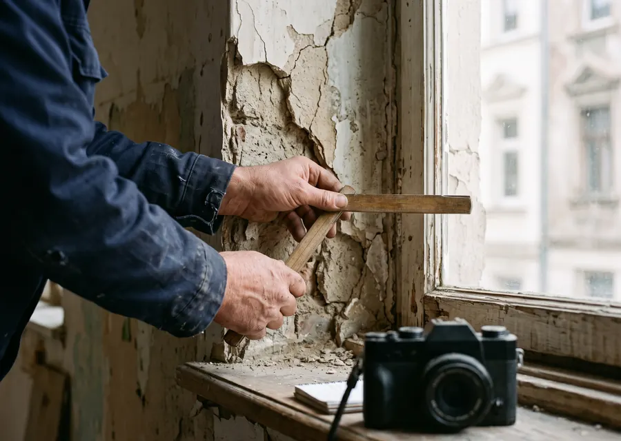 Sachverständiger misst mit dem Zollstock eine schadhafte Fensterlaibung aus, daneben Kamera und Notizblock