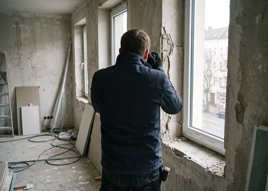 Sachverständiger fotografiert eine schadhafte Fensterlaibung in einer Baustellenwohnung